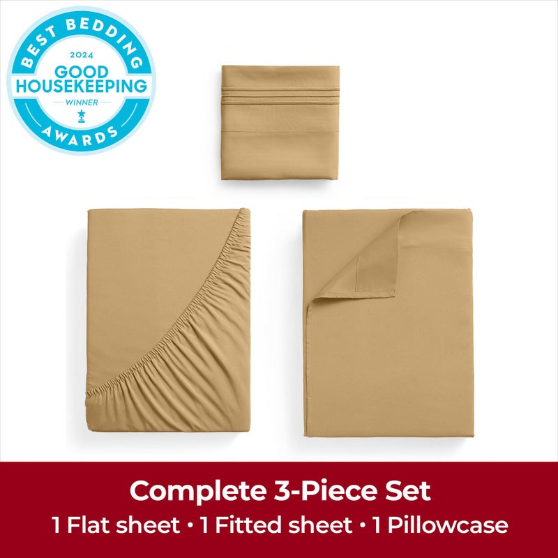 Mellanni Twin XL Sheets Set - 3 PC Iconic Collection Bedding - Hotel Luxury, Extra Soft, Cooling Bed Sheets - Wrinkle, Fade, Stain Resistant (Twin Extra Long, Gold) - Image 2